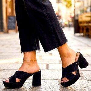 Sam Edelman Jayne Black Suede Platform Block Heel Slide Sandals Size 8M